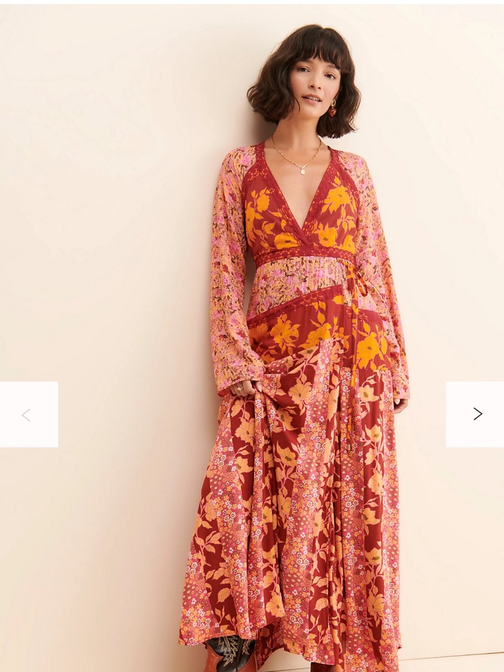Free People Tilda V-Neck Floral Maxi Dress in Rust, Pink & Yellow